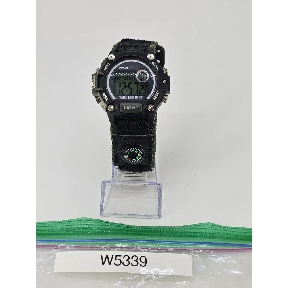 Men's Sports Digital Watch 46MM Black Green Nylon Band Compass New Battery